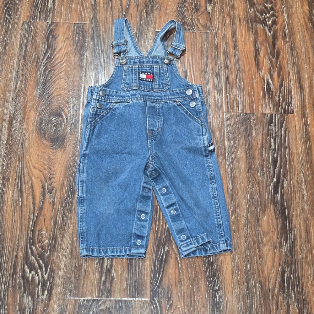 Vintage Tommy Hilfiger 6-12M Denim Overalls Baby Blue Carpenter Flag Logo